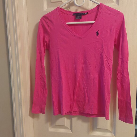 Ralph Lauren Sport Barbie Pink Long Sleeve V Neck T Shirt Women's X-Small EUC - Picture 1 of 4
